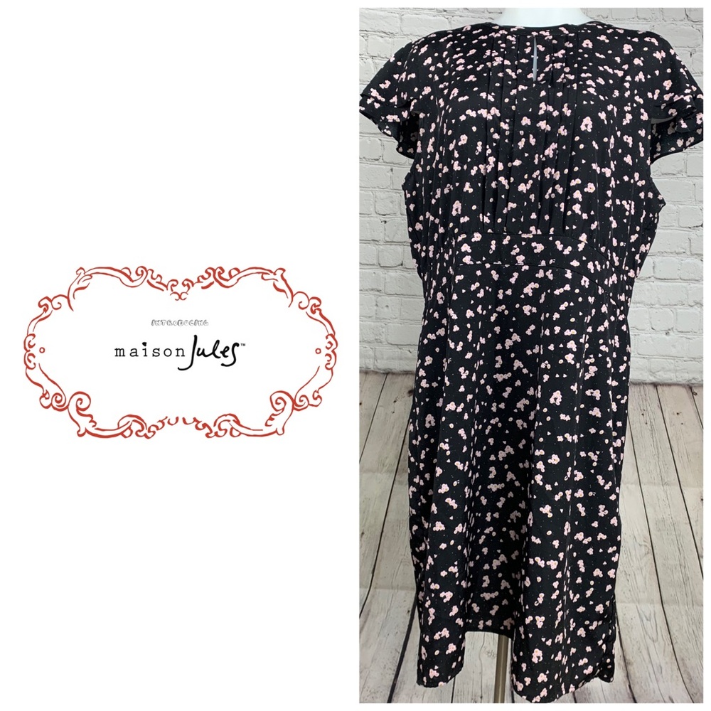 Maison Jules Pleated Flutter Sleeve Floral Dress
